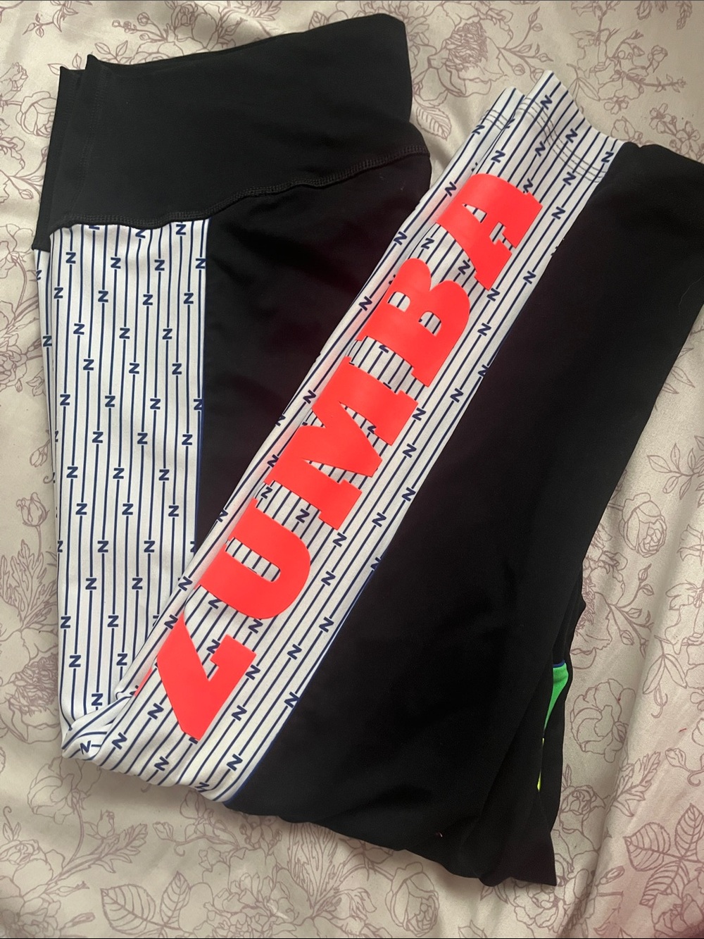 Zumba Fitness Black Leggings with Neon Coral Logo and Navy-Striped White Panels
